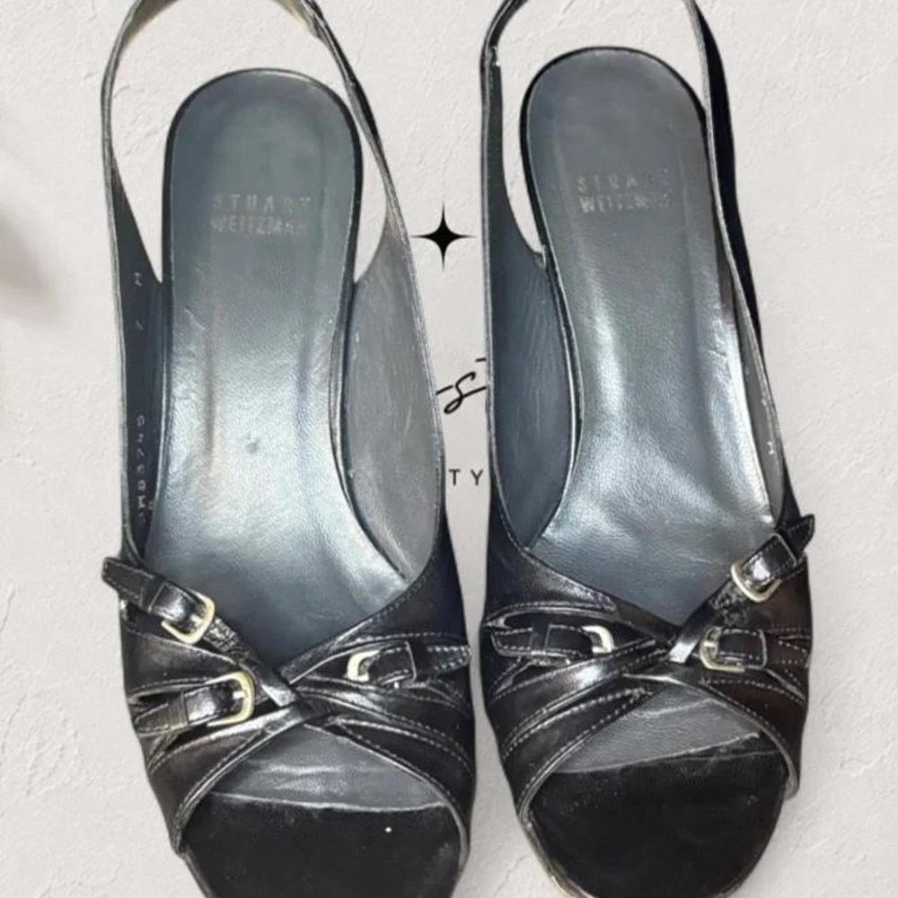 Vintage Stuart Weitzman Black Leather Slingback Peep Toe Kitten Heels Size 7